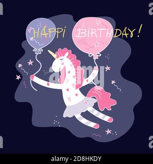 magical unicorn flies on balloons with stars and hearts. Happy birthday greeting card. Handwritten font and flat hand drawn picture isolated from Stock Vector