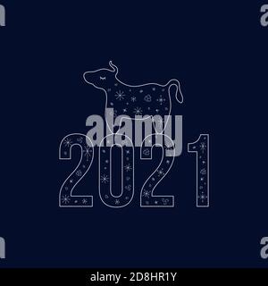 Vector transparent white illustration with stylized elements 2021 and symbol of New Year bull on dark blue background. Stock Vector