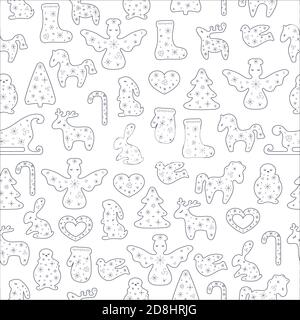 Christmas seamless transparent black pattern on white background. Vector illustration with stylized deer, hors, tree, rabbit, angel, snowman, sock, mi Stock Vector