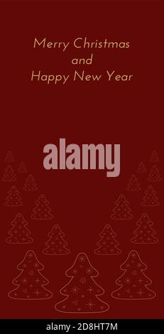 Christmas and New year greeting card design composition with stylized trees. Vector transparent golden illustration on dark red background. Stock Vector