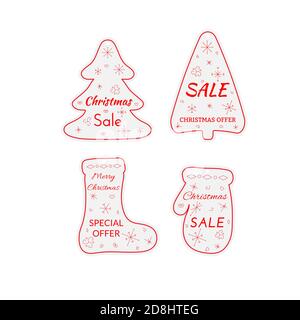 Christmas sale paper tags. Labels set of shapes mitten, sock, Christmas tree with hanging with discount text for christmas holiday shopping promotion. Stock Vector