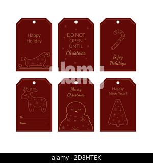 Collection of six Christmas and New Year cute invitation tags. Set of holiday label with sleigh, candy cane, deer, snowman and Christmas tree in gold Stock Vector