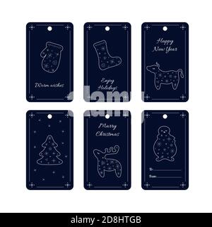 Collection of six Christmas and New Year cute invitation tags. Set of holiday label with mitten, sock, bull, deer, snowman and Christmas tree in white Stock Vector