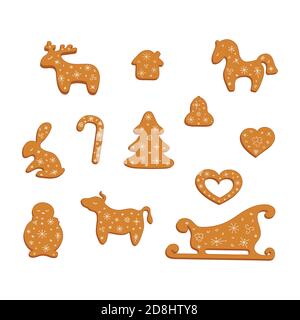 Big set of gingerbread cookies. Decorative gingerbread deer, hors, christmas tree, house, rabbit, candy cane, bell, heart, snowman, bull and sleigh wi Stock Vector