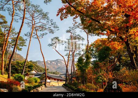 Autumn of Jingwansa Temple with Bukhansan mountain in Seoul, Korea Stock Photo