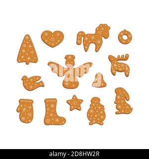 Big set of gingerbread cookies. Decorative gingerbread deer, hors, christmas tree, rabbit, bell, heart, snowman, angel, wreath, bird, mitten, sock, st Stock Vector