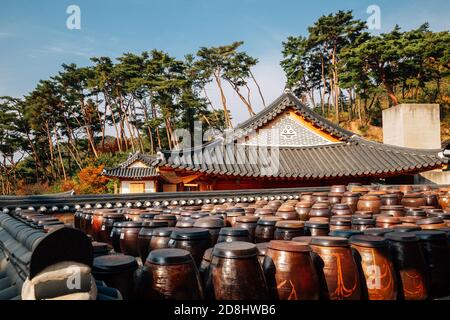 Jangdokdae, Korean traditional Jars. platform for crocks of sauces and condiments Stock Photo