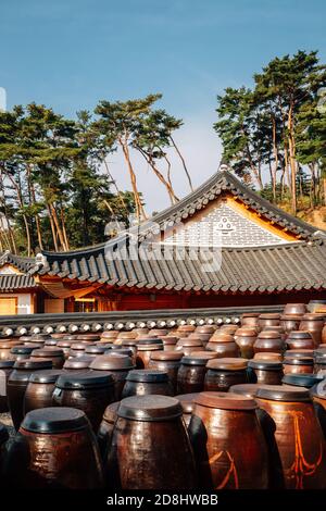 Jangdokdae, Korean traditional Jars. platform for crocks of sauces and condiments Stock Photo