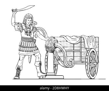 Alexander the Great cutting the Gordian Knot. Historical drawing. Stock Photo