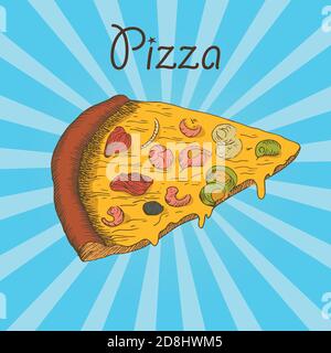 Piece of pizza on retro radial background with lettering. Tomatoes and sausage cheese and greens. Crispy crust. tortilla isolated on backdrop. Italian Stock Vector