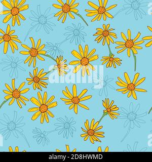 Seamless pattern with yellow chamomile flowers and millet. Rustic floral design for wedding invitations and birthday cards. Vintage vector botanical Stock Vector