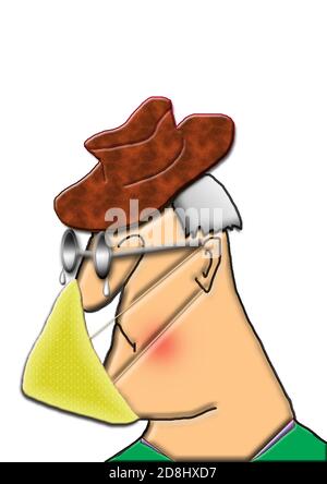 Covid 19 face mask on a cartoon character badly fitting face covering and misted up glasses on older gentleman brown leather effect hat and grey hair Stock Photo