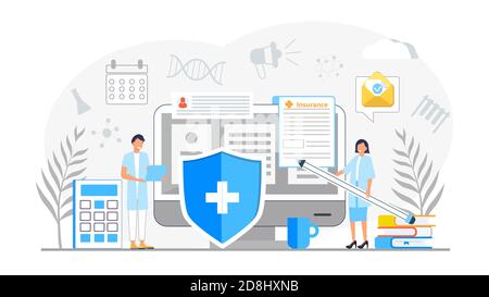 Healthcare insurance vector concept, people with doctor fill health online form insurance. Help agent service for calculate insurance bill. it can use Stock Vector