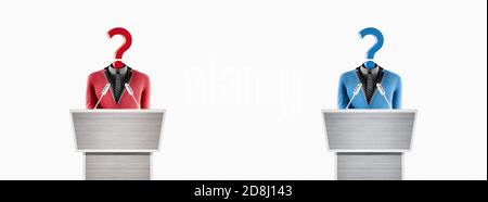 Politician with a question mark instead of head. Two politicians debate on rostrum. Election campaign concept. 3d render 3d illustration Stock Photo