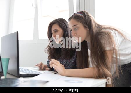 Smart women using laptop on table while working on project in office together Stock Photo
