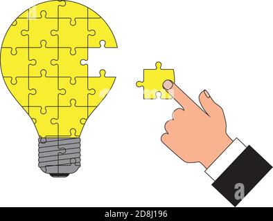 A hand putting together a light bulb puzzle. Idea concept. Vector illustration. Stock Vector