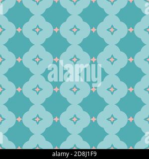 Vector geometric stylized blue floral tile pattern. Seamless vector design, simple ornament in pink and teal. Cutout abstract design. Perfect for paper projects, fabric and home decor. Stock Vector