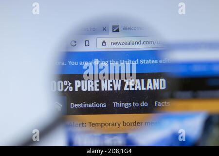 New York, USA - 26 October 2020: New Zealand tourism website with logo close up, Illustrative Editorial Stock Photo