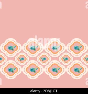 Vector geometric stylized blue floral tile border with blueberry. Seamless vector pattern, simple ornament and plant in pink and teal on pale pink. Cutout abstract design. Perfect for paper projects, fabric and home decor. Stock Vector