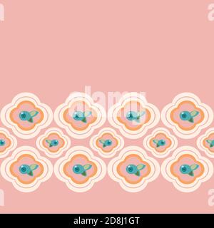 Vector geometric stylized blue floral tile border with blueberry. Seamless vector pattern, simple ornament and plant in pink and teal on pale pink. Cutout abstract design. Perfect for paper projects, fabric and home decor. Stock Vector