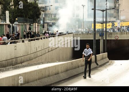 Beirut, Lebanon, 30 October 2020. A small group of men from Tripoli and Beirut clashed with Lebanese Interior Security Forces during an attempt by pan-islamic group Hizb Ut Tahrir to march to the French Embassy in protest of what they view as president Emmanuel Macron's anti-islamic stance. Emotions ran high as it was felt the Prophet Mohammed is being disrespected during his birthday month. Credit: Elizabeth Fitt/Alamy Live News Stock Photo