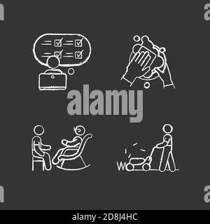 First-time jobs chalk white icons set on black background Stock Vector