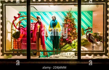 Anthropologie skips Halloween with a Christmas window display in their store in Chelsea in New York on Friday, October 23, 2020.  (© Richard B. Levine) Stock Photo