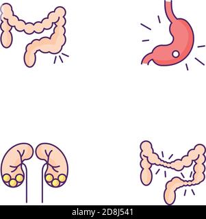 Abdominal pain RGB color icons set Stock Vector