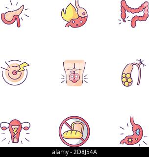 Pain in belly RGB color icons set Stock Vector
