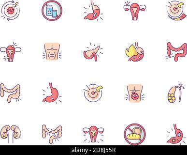 Stomach pain RGB color icons set Stock Vector