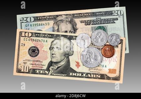 Centavo coins and U.S. Dollars, the currency of the South American country Ecuador