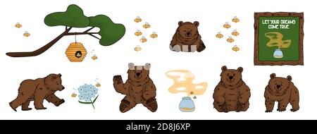 Set of hand drawn bears that walks and sits, honey, forget me nots, beehive, smell of honey and tree, branch, bees and painting Let you dreams come tr Stock Vector