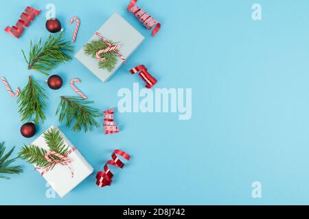 Various Christmas decorations on a blue background. Copy space. Stock Photo