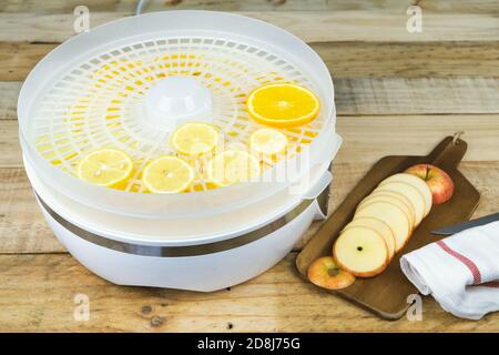 https://l450v.alamy.com/450v/2d8j75g/homemade-machine-to-dehydrate-food-with-orange-slices-and-kitchen-table-with-apple-slices-canned-food-2d8j75g.jpg