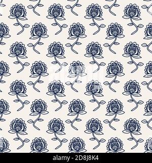 Indigo dye woodblock printed seamless ethnic floral all over pattern. Traditional oriental ornament of India, exotic flowers of Rajasthan, navy blue Stock Vector