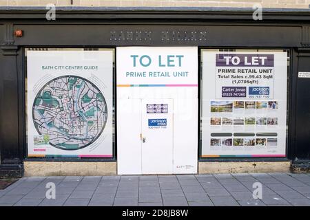 Boarded up shops in  Bath city centre, UK, Aug 2023. Many British high streets have seen a rise in the number of derelict shops. Stock Photo