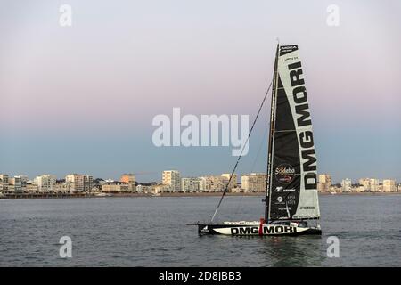 LES SABLES D'OLONNE, FRANCE - OCTOBER 30, 2020: Kojiro Shiraishi boat (DMG Mori) in the bay for the Vendee Globe 2020 on October 30,2020. Stock Photo