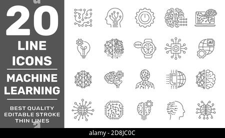 Modern thin line icons set of data science technology, machine learning process. Premium quality outline symbol collection. Editable Stroke. EPS 10 Stock Vector