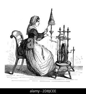 An old engraving of a woman working at a yarn spooler machine in a textile  mill the 1800s. It is from a Victorian mechanical engineering book of the  1880s. This powered machine