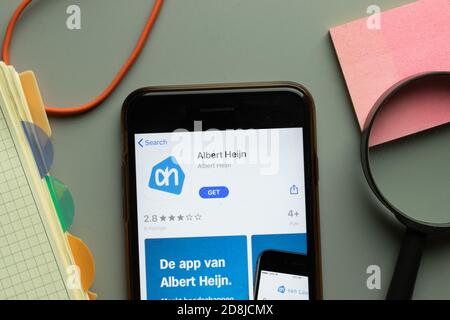 New York, USA - 26 October 2020: Albert Heijn mobile app logo on phone screen close up, Illustrative Editorial Stock Photo