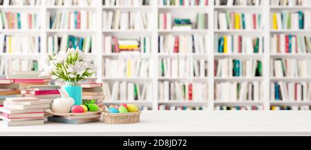 Decorated Easter eggs on Bookshelf in the library with colorful books, Holidays in Bookstore concept 3d render 3d illustration Stock Photo