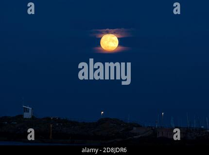 North Berwick, East Lothian, Scotland, United Kingdom, 30th October 2020. UK Weather: the rise of a Hunter moon with the harbourmaster's cabin on the rocky shore seen from across West Bay. This is the second full moon in the month of October, making it also a Blue Moon Stock Photo