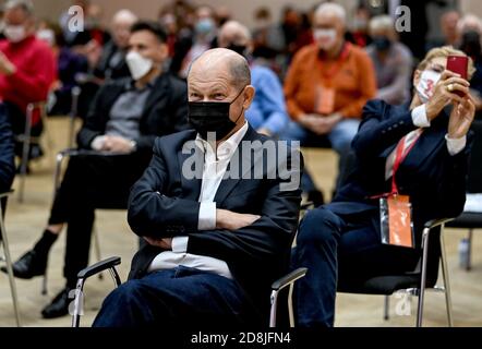 Ludwigsfelde, Germany. 30th Oct, 2020. Olaf Scholz (SPD), candidate for chancellor, takes part in the constituency conference of the Brandenburg SPD. Credit: Britta Pedersen/dpa-Zentralbild/dpa/Alamy Live News Stock Photo