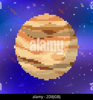 Bright Jupiter, cute planet in pixel art style on space background Stock Vector