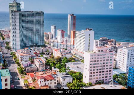 Aerial view of El Vedado neighborhood at sunset. La Habana - La Havana, Cuba, Latin America and the Caribbean Stock Photo