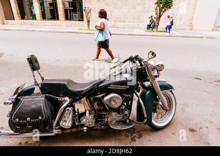 Harley Davidson motorcycle from the 1950s parked. La Habana - La Havana, Cuba, Latin America and the Caribbean Stock Photo