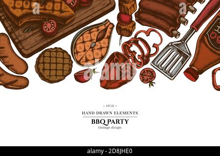Colored elements design with spatula, Pork ribs, kebab, sausages, steak, sauce bottles, grilled burger patties, grilled tomato, grilled salmon steak Stock Vector