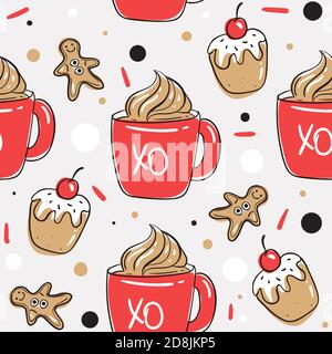 Seamless pattern with coffee cup and dessert. Christmas background. Stock Vector