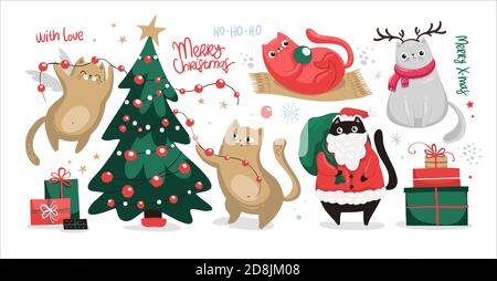 Christmas set of elements with cats, christmas tree, gifts, santa claus, hand drawn lettering. Stock Vector