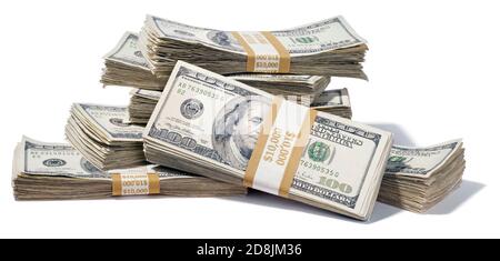 a pile of U.S. 100 dollar bill bundles photographed on a white background Stock Photo